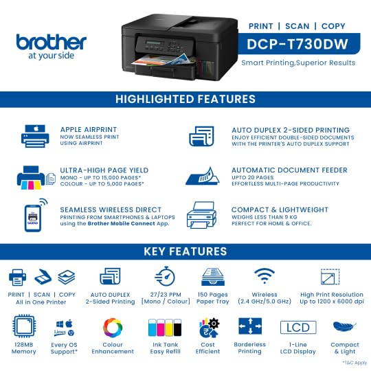 Brother Ink Tank DCP-T730DW (New Launch) WIFI Auto Duplex Color Multifunction Printer (Print Scan Copy), ADF, Print Upto 15K Pages Black & 5K in Color Each for(CMY), Extra Black Ink, Free Installation