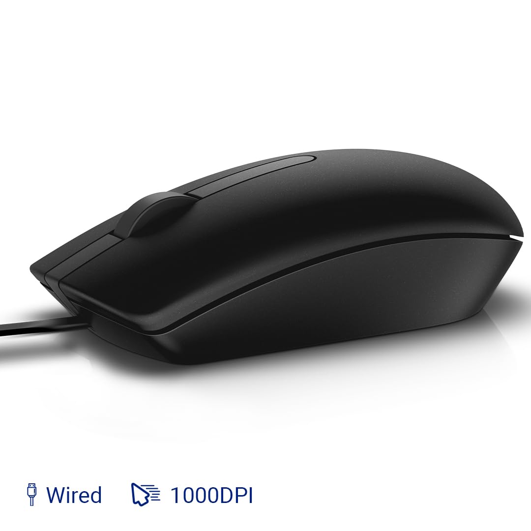 Dell MS116 Wired Mouse, 1000 DPI, Scrolling Wheel, 2 Buttons, 1 x USB, Optical LED Tracking, Plug and Play, Scrolling Wheel, Black