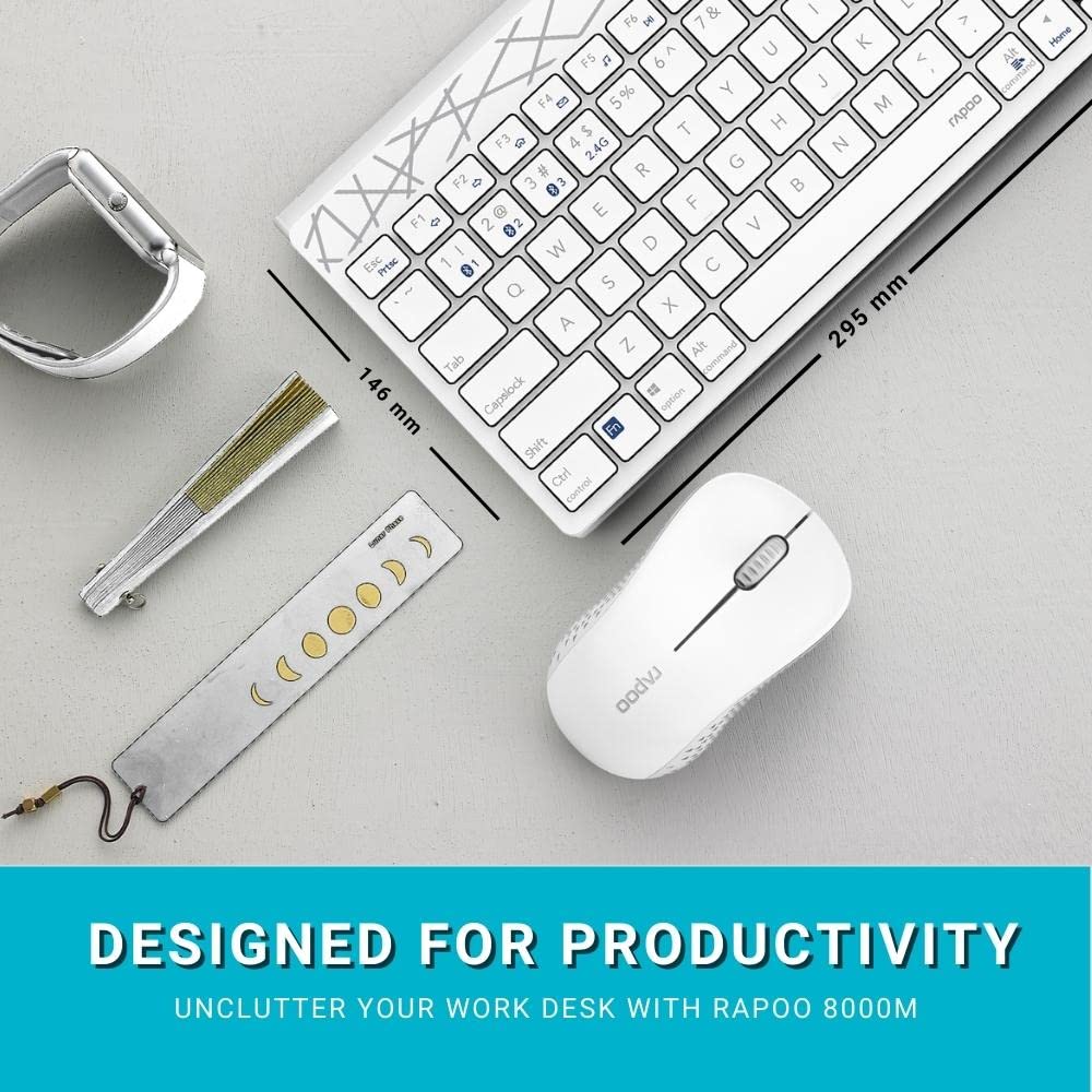Rapoo 8000M Multi-Mode Keyboard & Mouse Bluetooth 3.0/4.0 Wireless 2.4 GHz 1300 DPI Combo-White