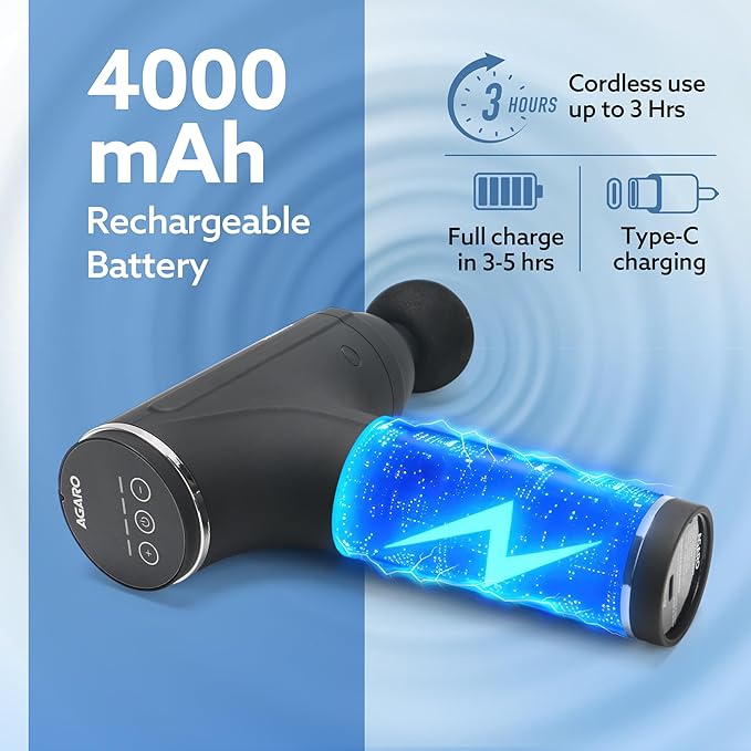Massager Gun 4 Heads, 6 Speed, Rechargeable, Handheld, Percussion Muscle Massager for Full Body Relief, Muscle Relaxation of Neck, Shoulder, Back, Foot for Men & Women, Black