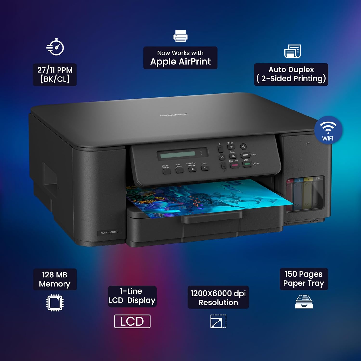 Brother Ink Tank DCP-T730DW (New Launch) WIFI Auto Duplex Color Multifunction Printer (Print Scan Copy), ADF, Print Upto 15K Pages Black & 5K in Color Each for(CMY), Extra Black Ink, Free Installation