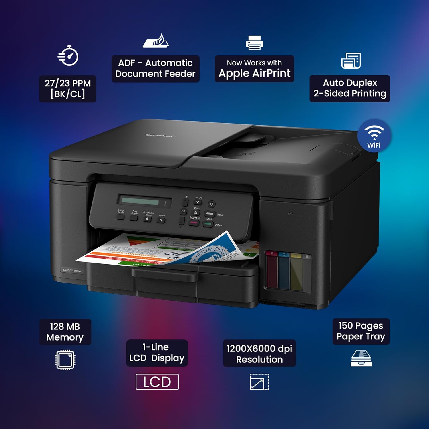 Brother Ink Tank DCP-T730DW (New Launch) WIFI Auto Duplex Color Multifunction Printer (Print Scan Copy), ADF, Print Upto 15K Pages Black & 5K in Color Each for(CMY), Extra Black Ink, Free Installation