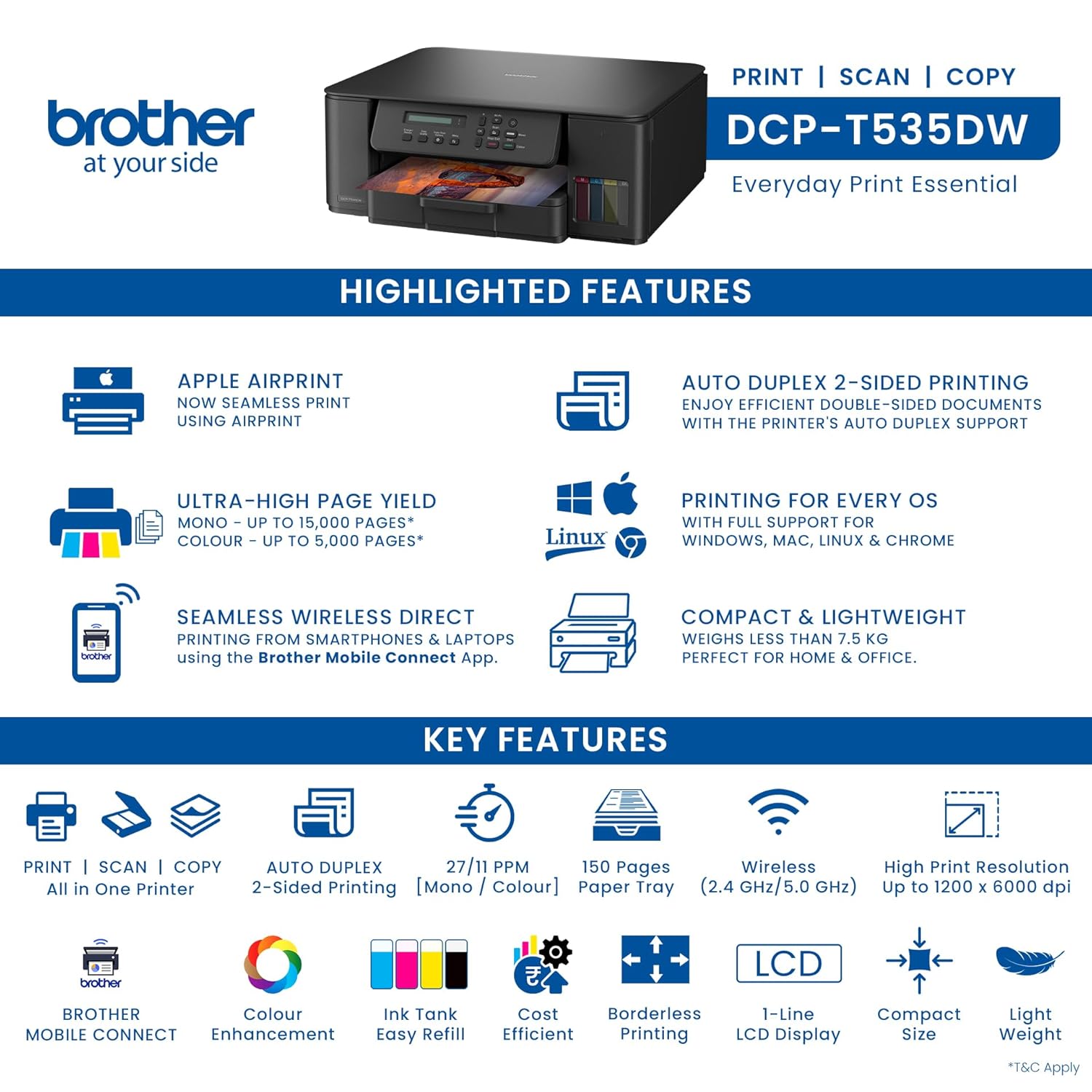 Brother Ink Tank DCP-T730DW (New Launch) WIFI Auto Duplex Color Multifunction Printer (Print Scan Copy), ADF, Print Upto 15K Pages Black & 5K in Color Each for(CMY), Extra Black Ink, Free Installation