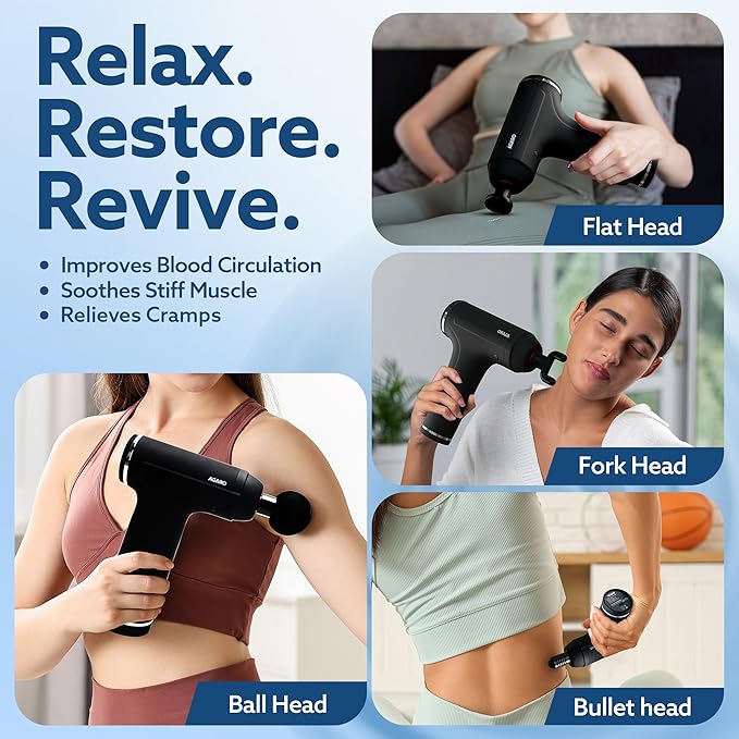Massager Gun 4 Heads, 6 Speed, Rechargeable, Handheld, Percussion Muscle Massager for Full Body Relief, Muscle Relaxation of Neck, Shoulder, Back, Foot for Men & Women, Black